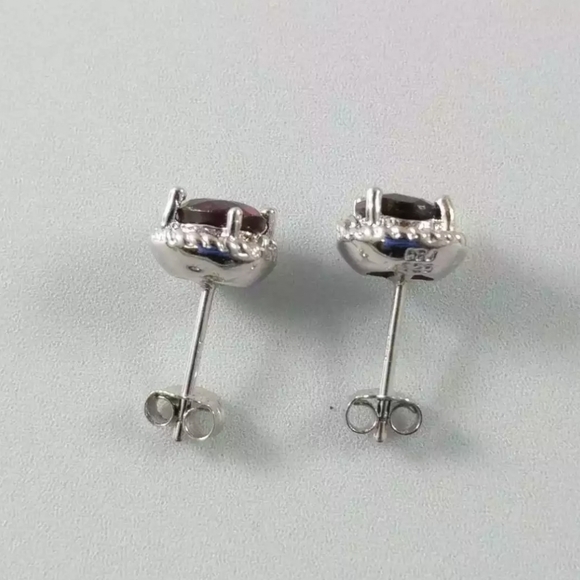 DBJ STERLING SILVER EARRINGS 2 DIAMOND GARNET STUD BUTTERFLY LOCK 2.1 G - Picture 4 of 8